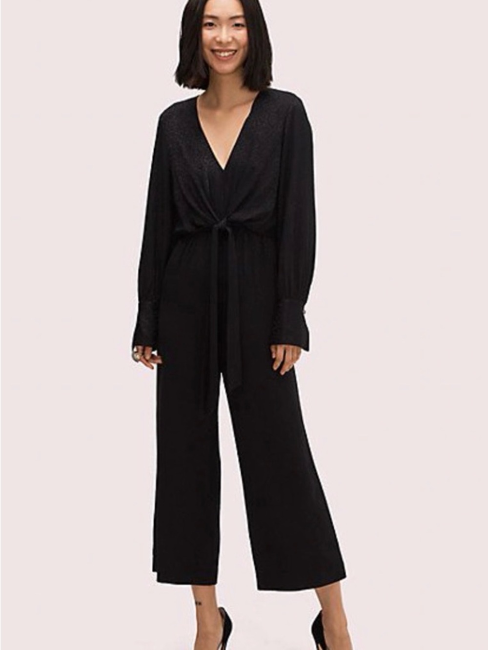 NWT kate spade Black Cropped Jumpsuit with Tie Waist tonal leopard pattern